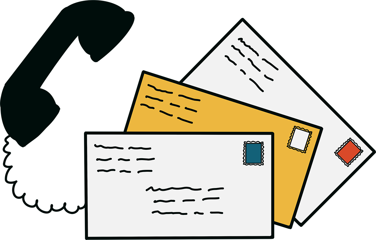 Illustration of a phone connected to stamped letters