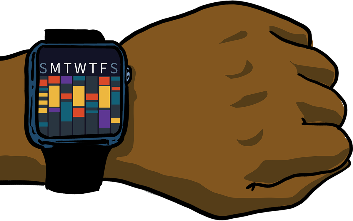 Illustration of a forearm with a watch calendar