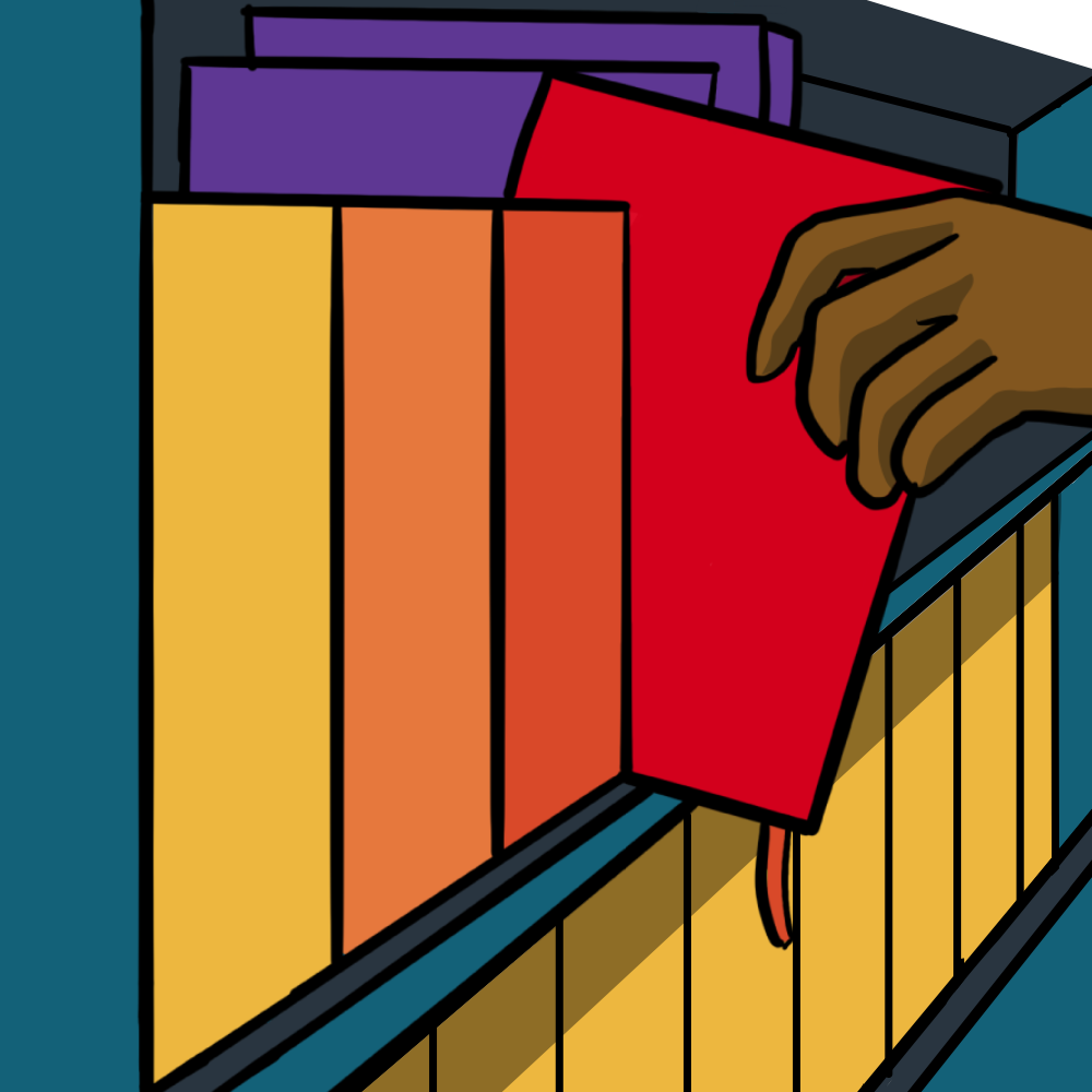 Illustration of a hand getting a book from a shelf